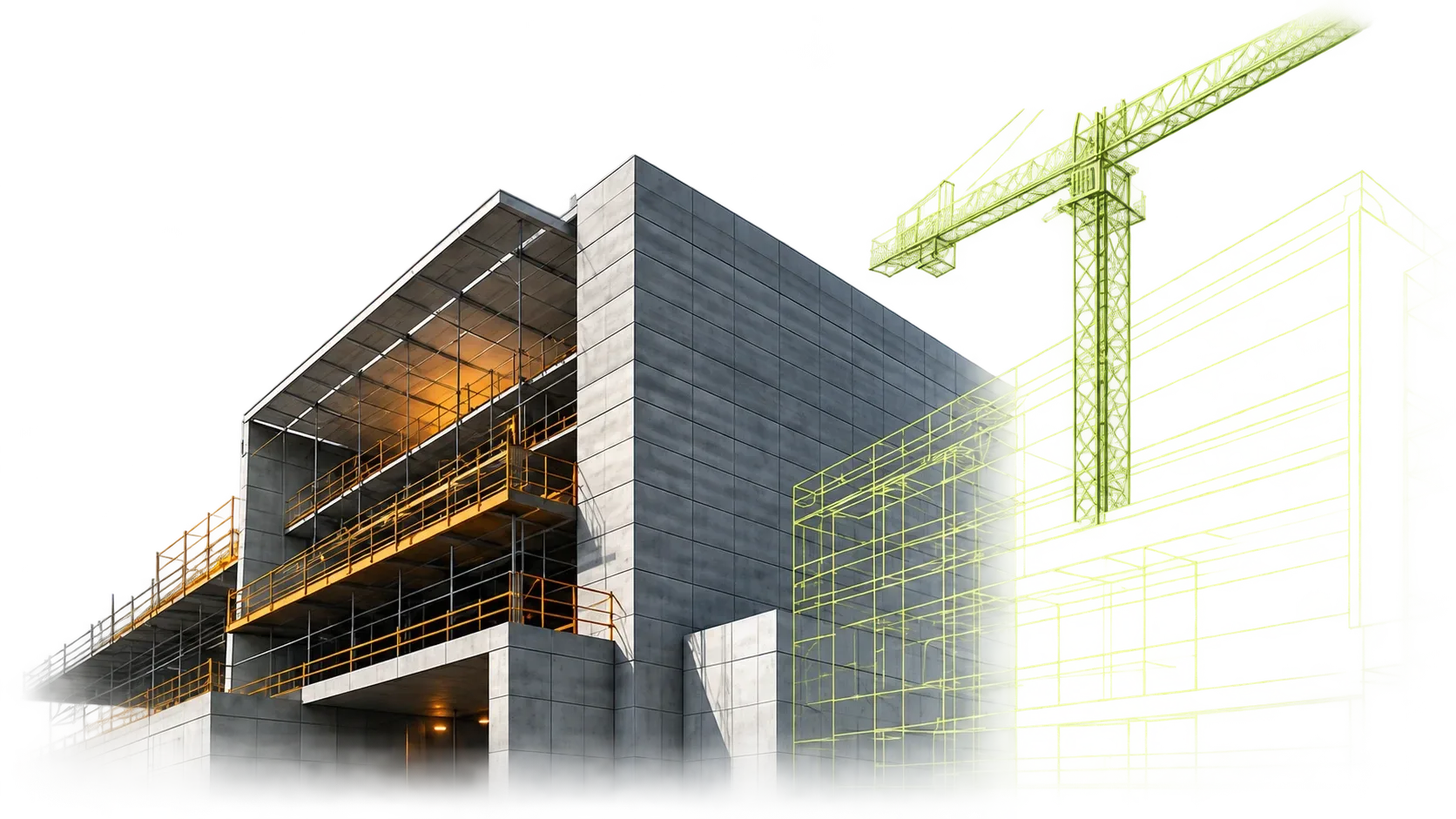 Edificação industrializada em construção com estrutura de concreto e andaimes, fundindo-se a um guindaste desenhado em wireframe oliva