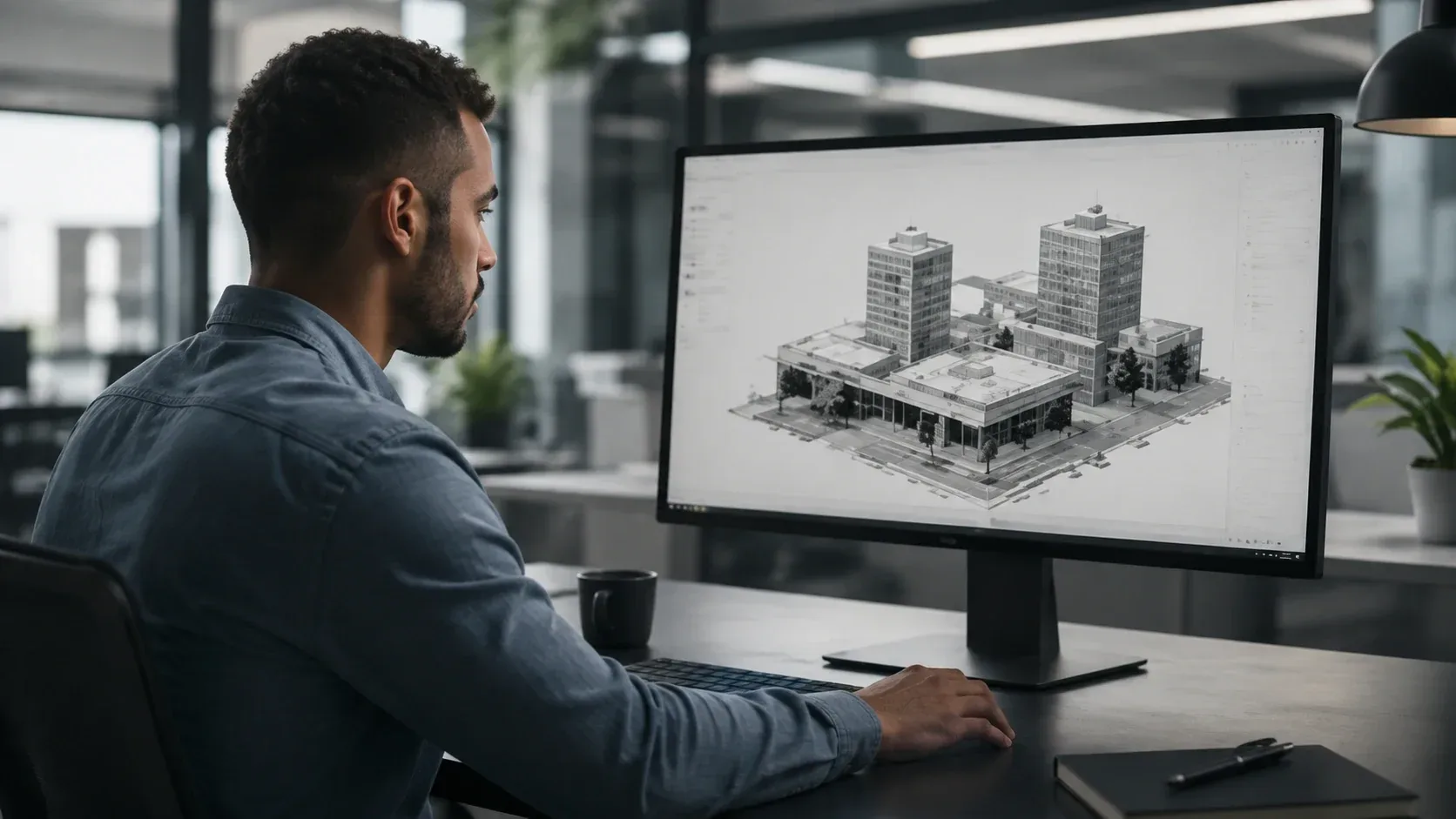 Profissional analisando modelo BIM tridimensional de um edifício em tela de computador