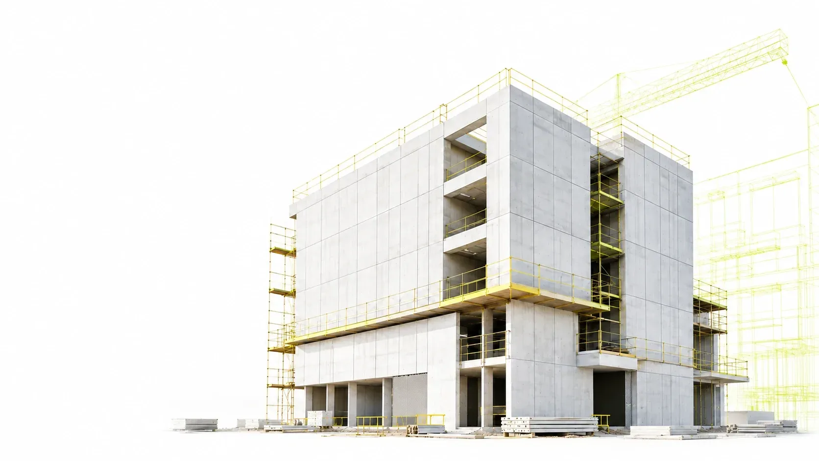 Edificação industrializada em construção, estrutura de concreto com andaimes e guindaste, sobreposta a desenho técnico em wireframe